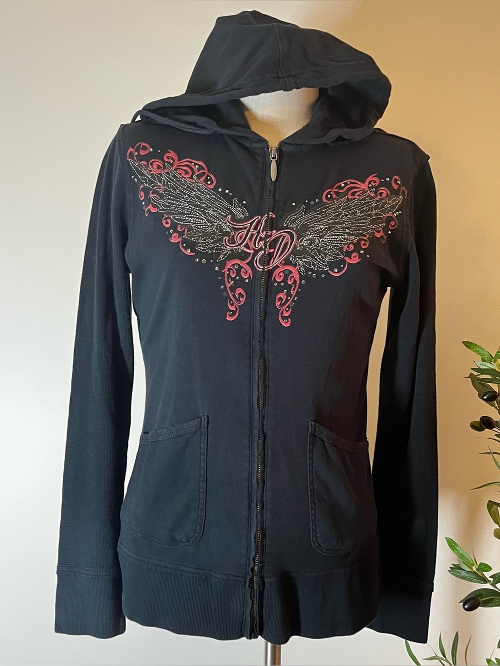 Y2k Black Zip-Up Harley Hoodie with Red Wing Graphic